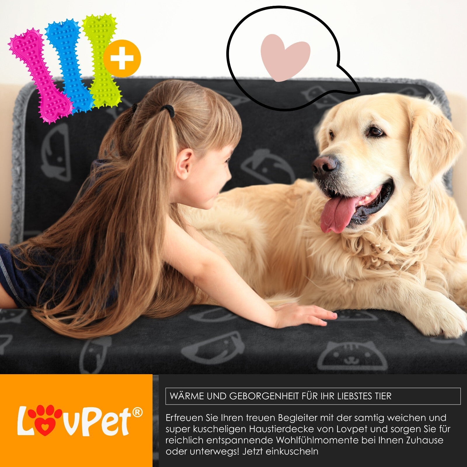 LOVPET® Hunde Decke Wasserdicht Haustier Trockenbett Fleece, 3X Spielzeugknoch