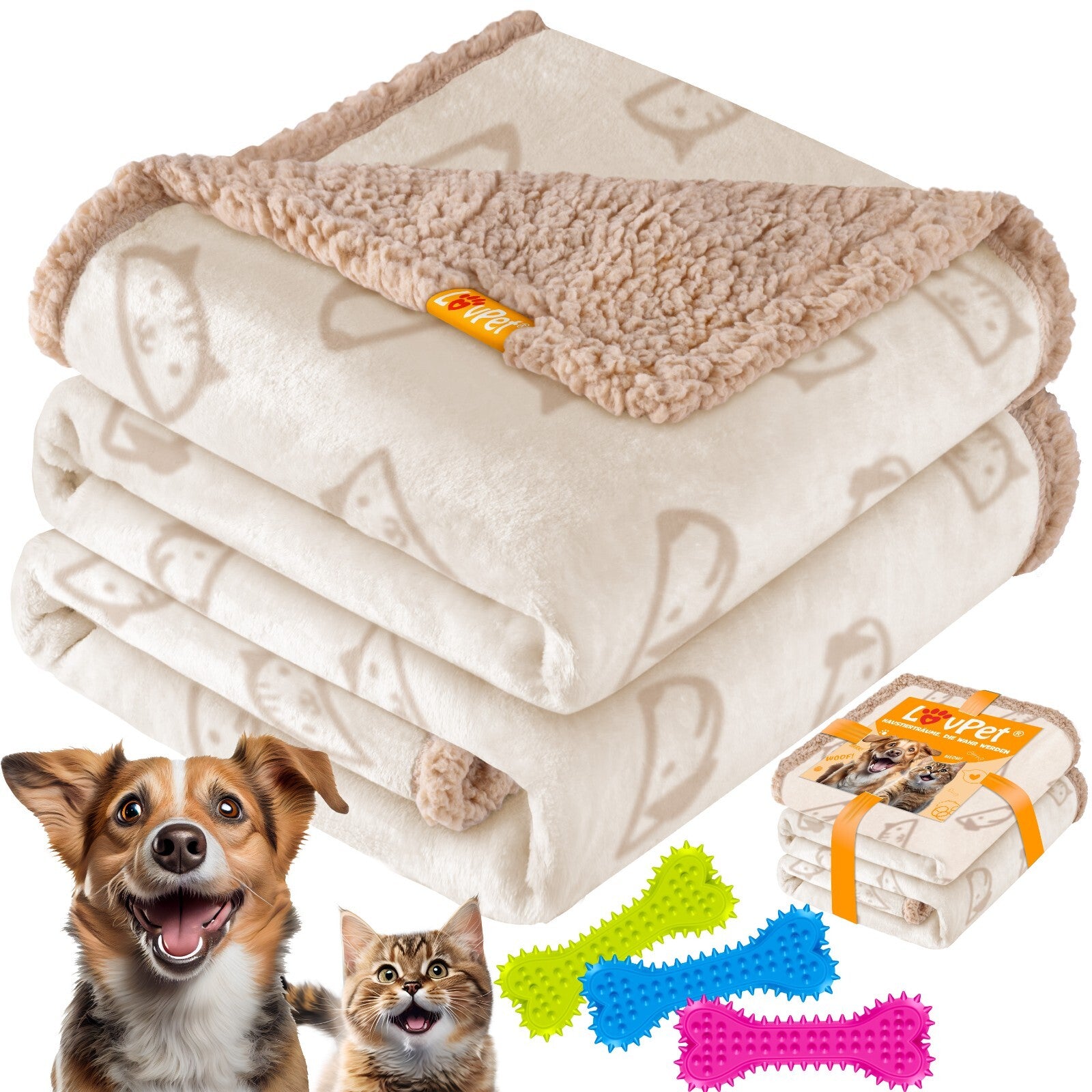 LOVPET® Hunde Decke Wasserdicht Haustier Trockenbett Fleece, 3X Spielzeugknoch
